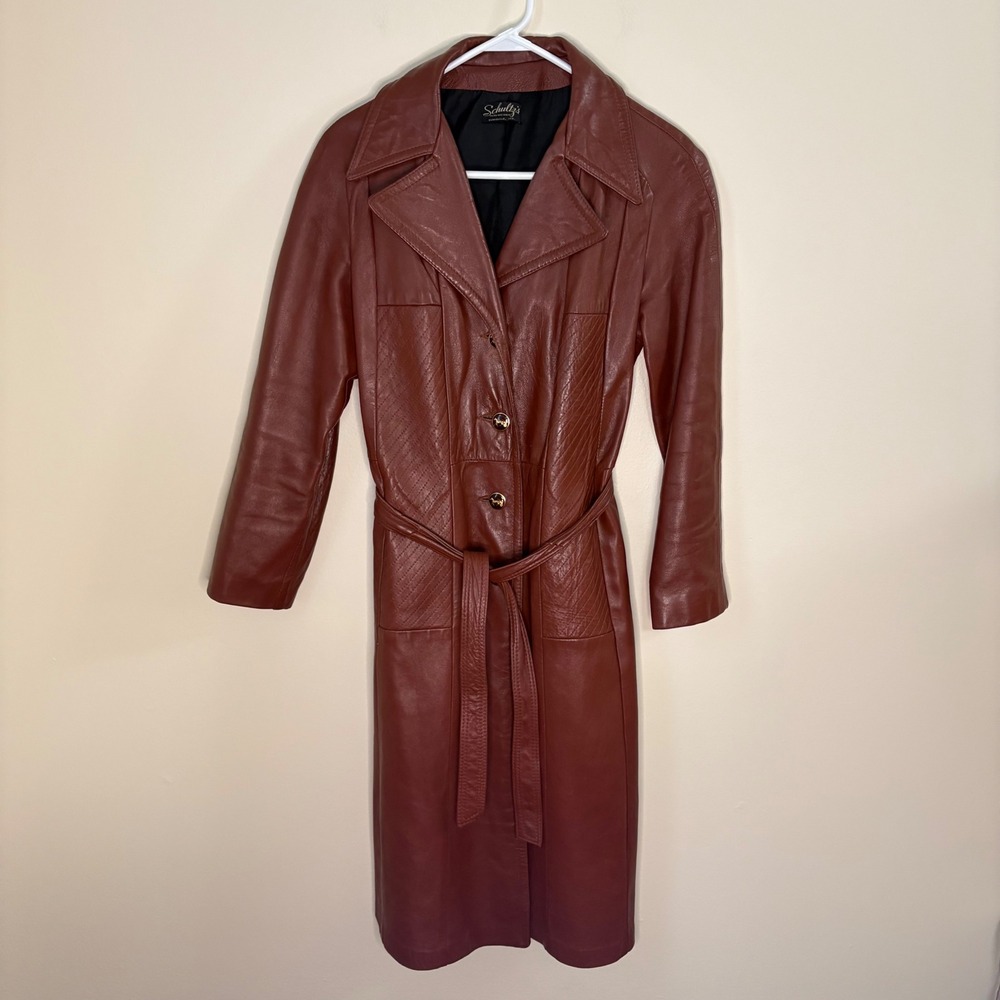 Vintage Schultz's Leather Trench Coat Women Small Brown Belted 80s Long Jacket